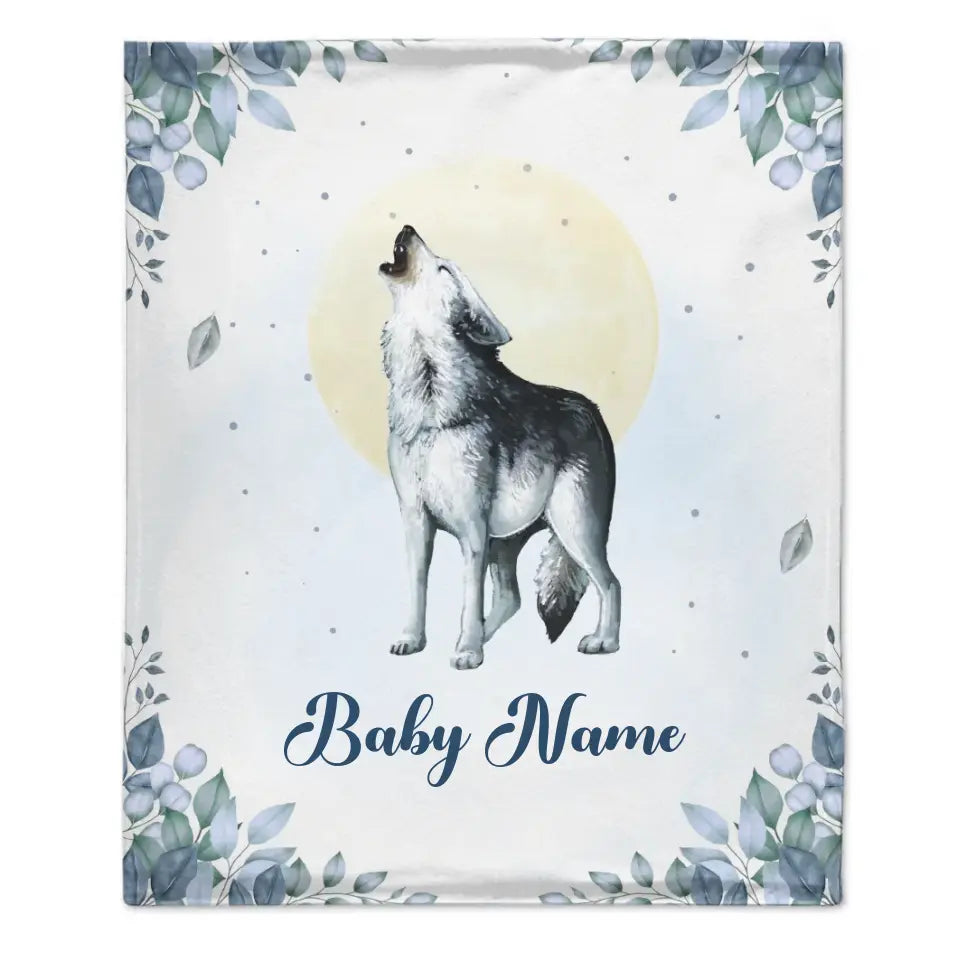 Couverture personnalisée avec nom de bébé loup pour enfants