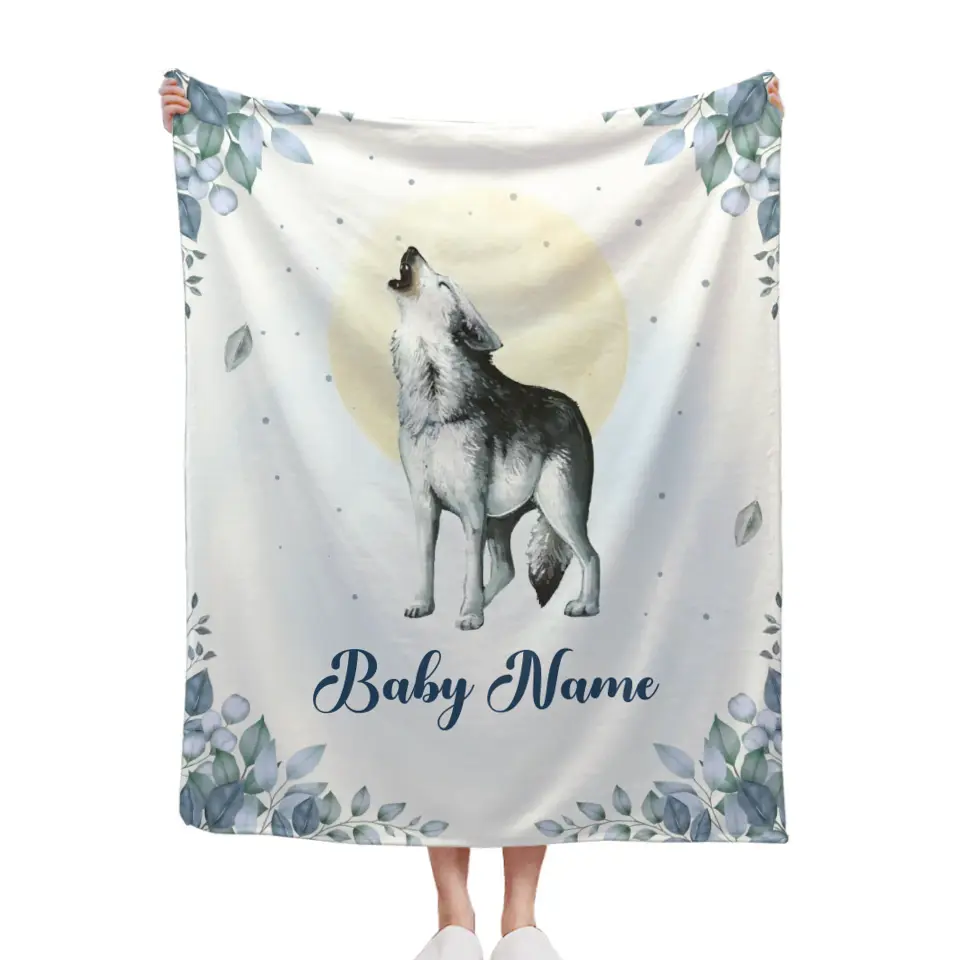 Couverture personnalisée avec nom de bébé loup pour enfants