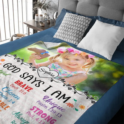 Personalized Custom Photo Blanket, Inspiring Gift For Granddaughter, God Says I Am