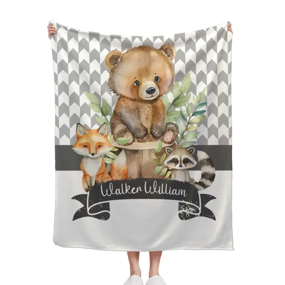 Woodland Animals Blanket, Custom Baby Name Blanket