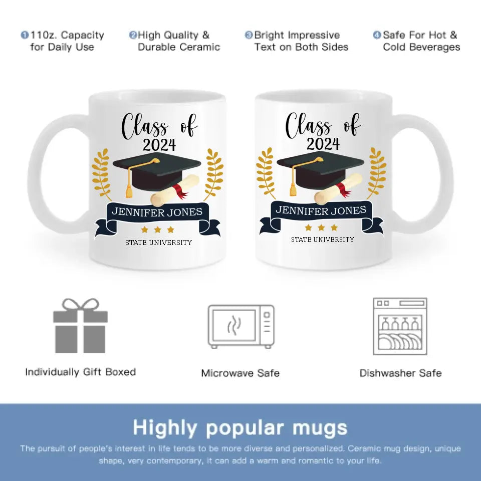 Personalized Graduation Gift Mug With Bachelor Cap, Class of 2024