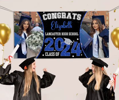 Personalized Custom 2 Photos Banner - Congrats Class of 2024 Graduation Decor Gift