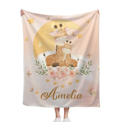 Sleeping Baby Animals on Moon, Personalized Baby Name Blanket