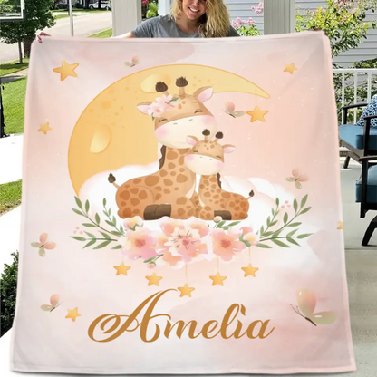 Sleeping Baby Animals on Moon, Personalized Baby Name Blanket