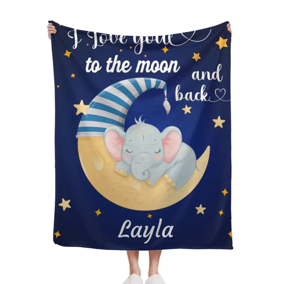 Je t'aime jusqu'à la lune et retour - Couverture personnalisée avec nom bleu - Étoiles, bébé éléphant et lune avec bonnet de nuit