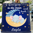 I Love You To The Moon And Back - Personalized Blue Name Blanket - Stars, Baby Elephant And Moon With Nightcap
