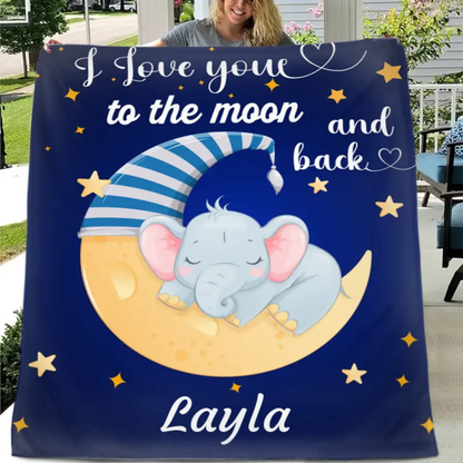 Je t'aime jusqu'à la lune et retour - Couverture personnalisée avec nom bleu - Étoiles, bébé éléphant et lune avec bonnet de nuit