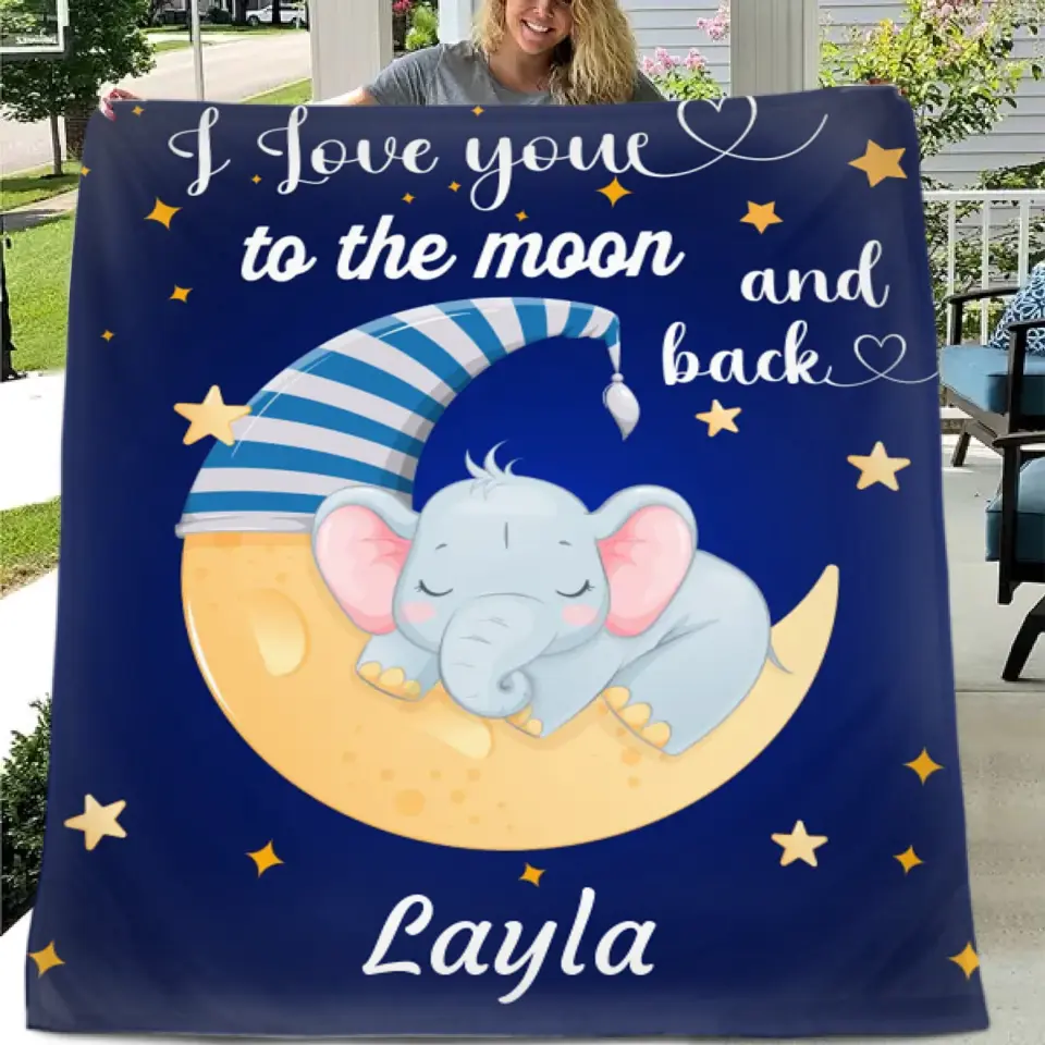 I Love You To The Moon And Back - Personalized Blue Name Blanket - Stars, Baby Elephant And Moon With Nightcap