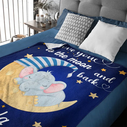 Je t'aime jusqu'à la lune et retour - Couverture personnalisée avec nom bleu - Étoiles, bébé éléphant et lune avec bonnet de nuit