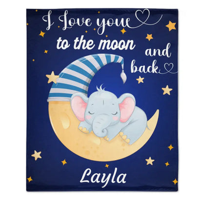 Je t'aime jusqu'à la lune et retour - Couverture personnalisée avec nom bleu - Étoiles, bébé éléphant et lune avec bonnet de nuit