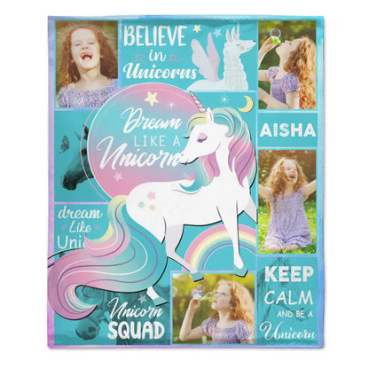 Couverture Licorne personnalisée avec 4 photos et nom pour filles