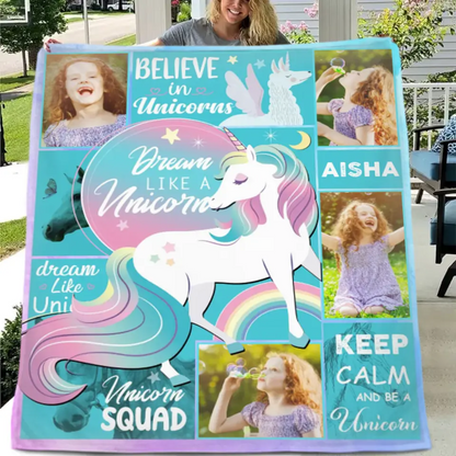 Couverture Licorne personnalisée avec 4 photos et nom pour filles