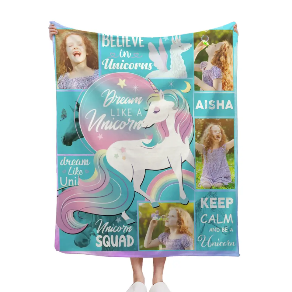 Couverture Licorne personnalisée avec 4 photos et nom pour filles