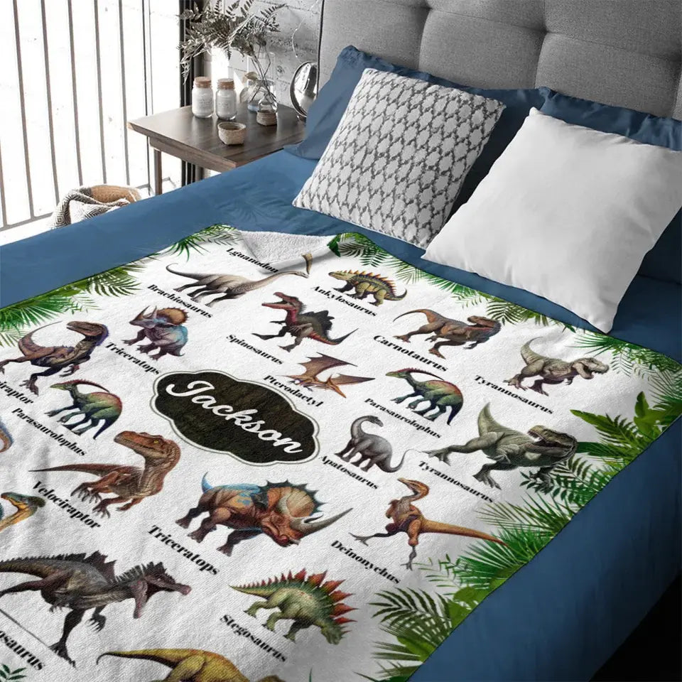 Personalized Leaf Border Dinosaur Blanket