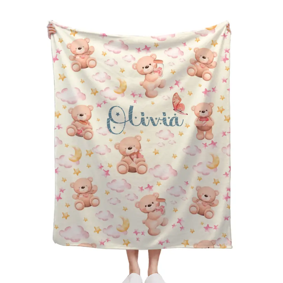 Personalized Name Baby Toddler Blanket For Girls - Pastel Colors, Bears, Stars, Clouds, Gift for Newborn