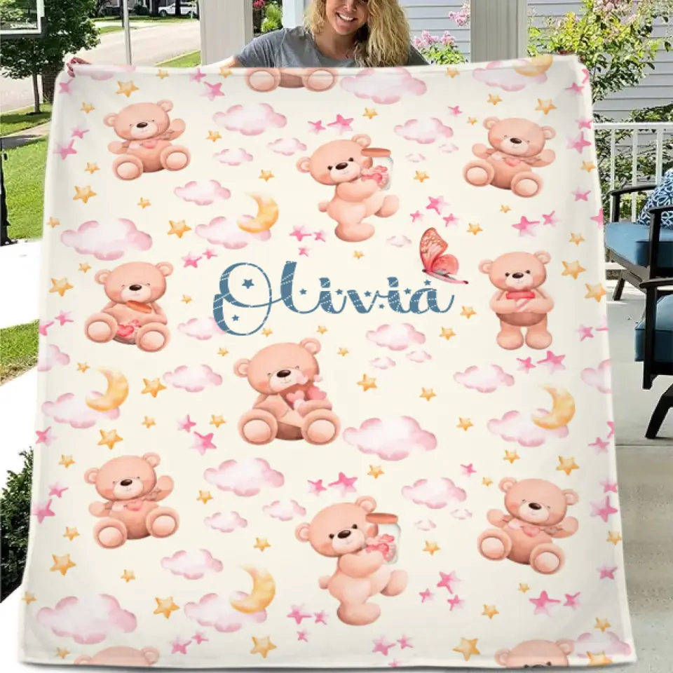 Personalized Name Baby Toddler Blanket For Girls - Pastel Colors, Bears, Stars, Clouds, Gift for Newborn