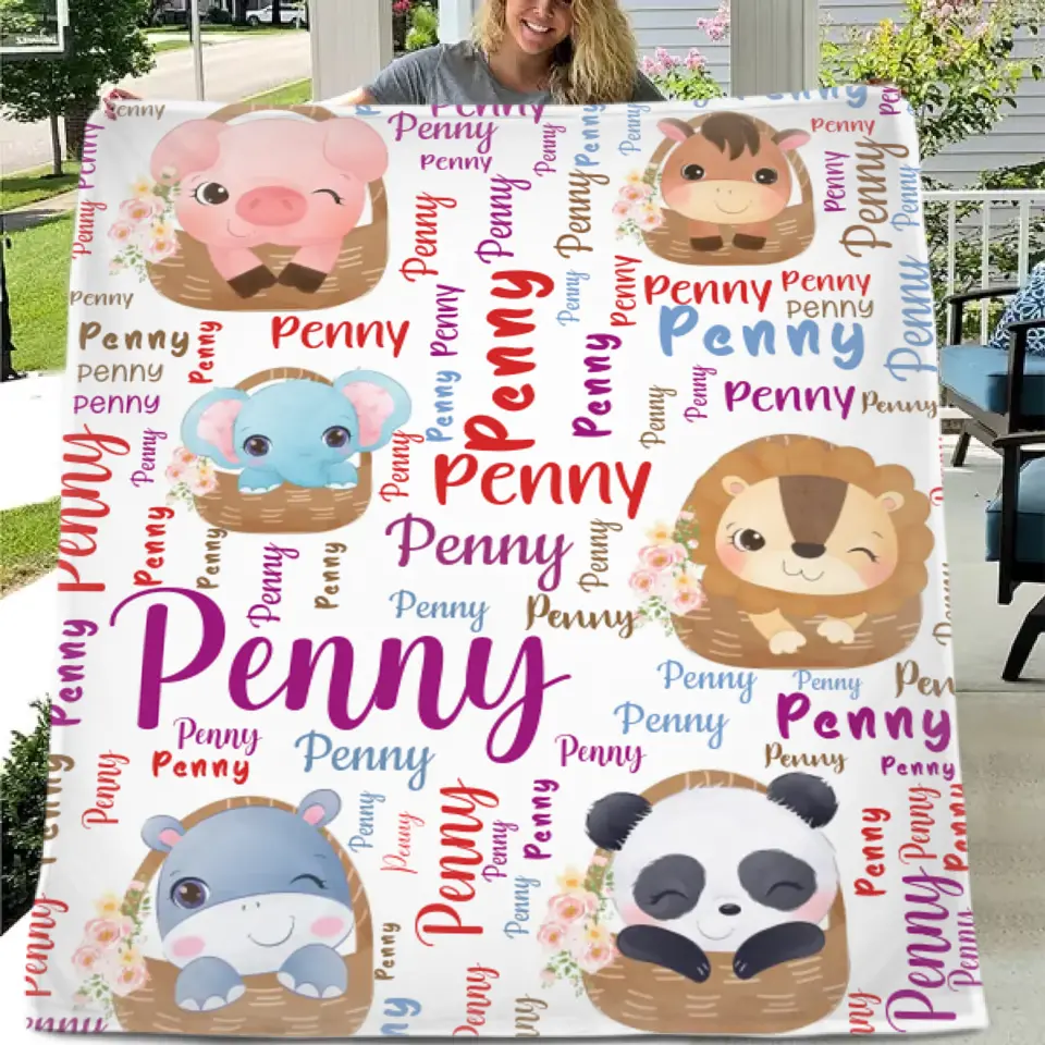 Couverture de nom personnalisée, petits animaux à l’intérieur du panier