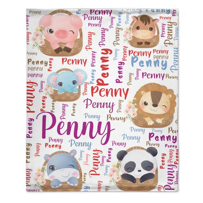 Couverture de nom personnalisée, petits animaux à l’intérieur du panier