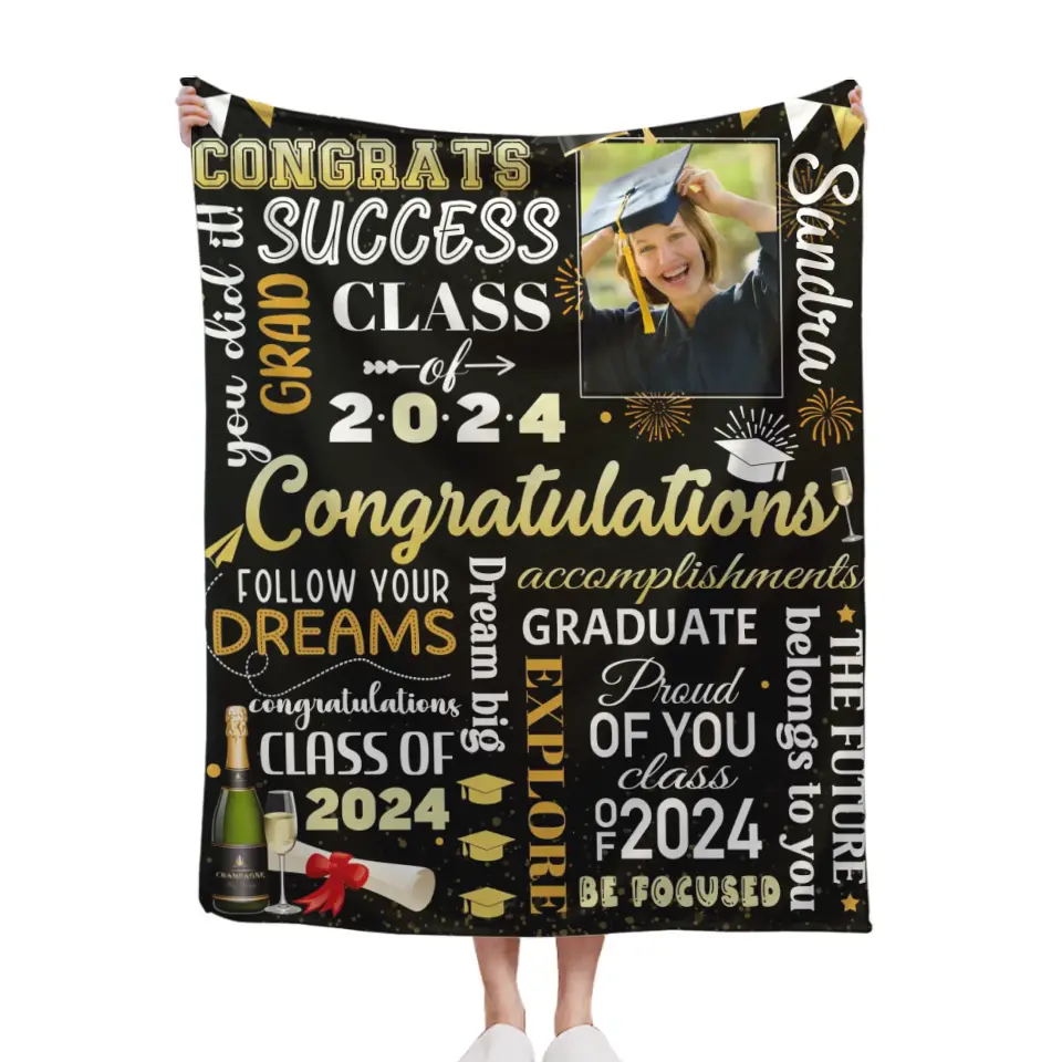 Personalized Senior Class of 2024 Champagne Black Blankets with Photo ...