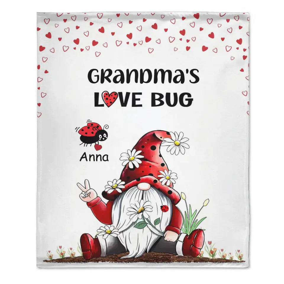 Grandma's Love Bugs Gnome – Couverture personnalisée avec mains d'argent et chapeau rouge