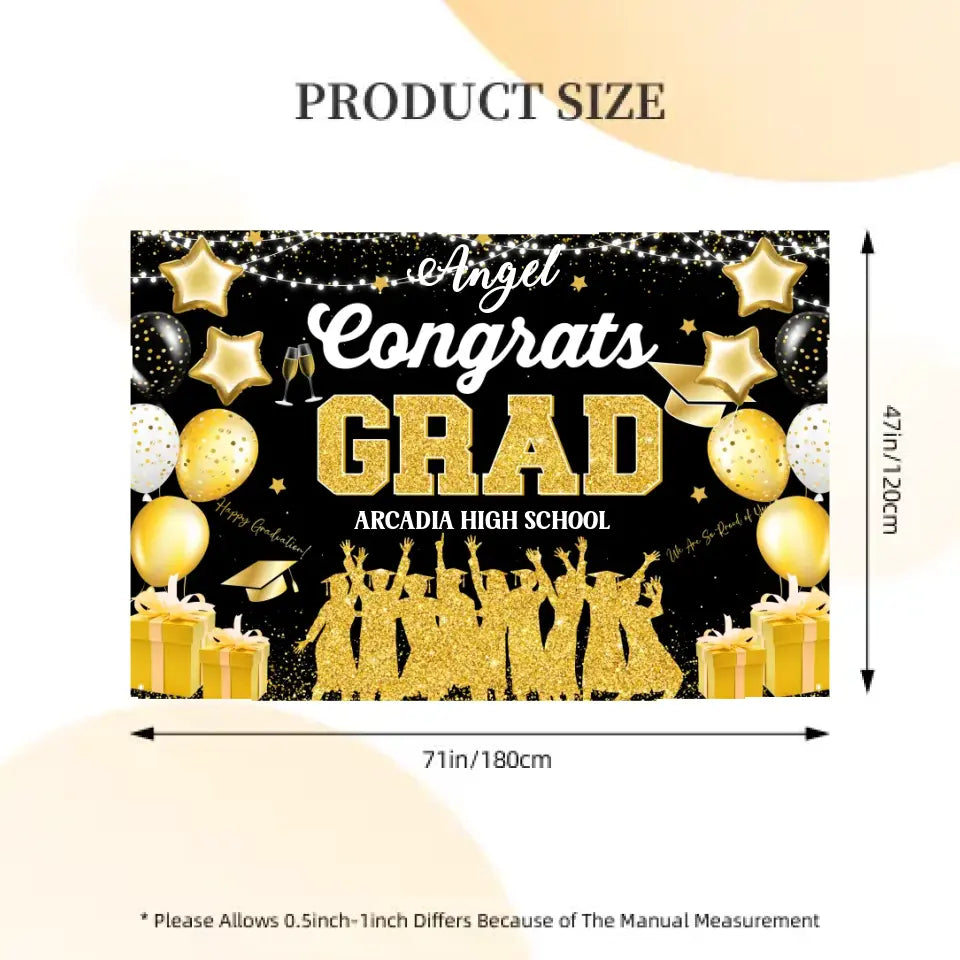 Blue and Gold Large Size Congrats Grad Background Banner, Balloon Star and Small Round White Lamp