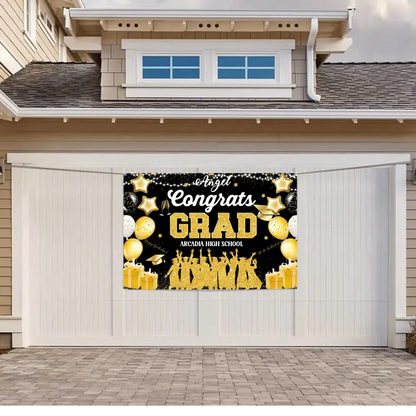 Blue and Gold Large Size Congrats Grad Background Banner, Balloon Star and Small Round White Lamp