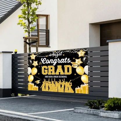 Blue and Gold Large Size Congrats Grad Background Banner, Balloon Star and Small Round White Lamp