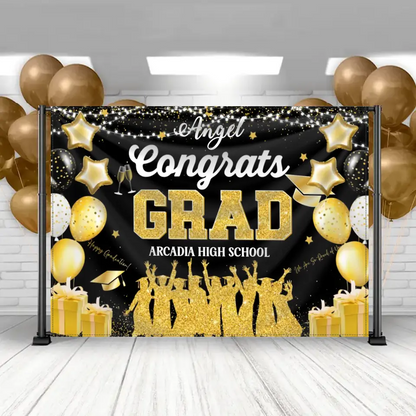 Blue and Gold Large Size Congrats Grad Background Banner, Balloon Star and Small Round White Lamp