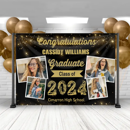 2024 Gold Sketch 4 Photo Collage Graduation Party Banner