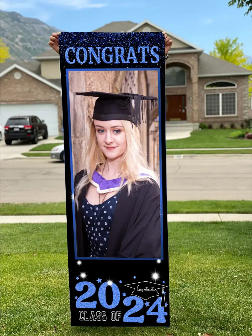 Three Slices Front Door Banner With Pictures Class of 2024 - High School or College University for Graduation Door Banner for Front Door or Porch