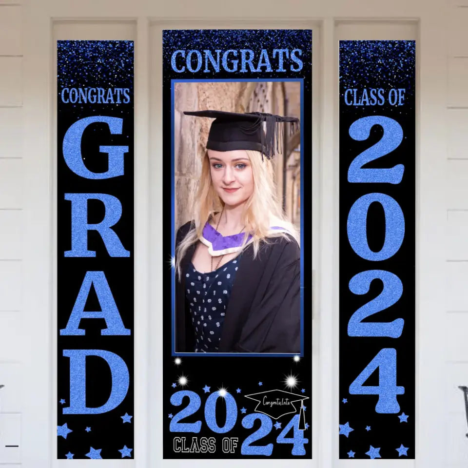 Three Slices Front Door Banner With Pictures Class of 2024 - High School or College University for Graduation Door Banner for Front Door or Porch