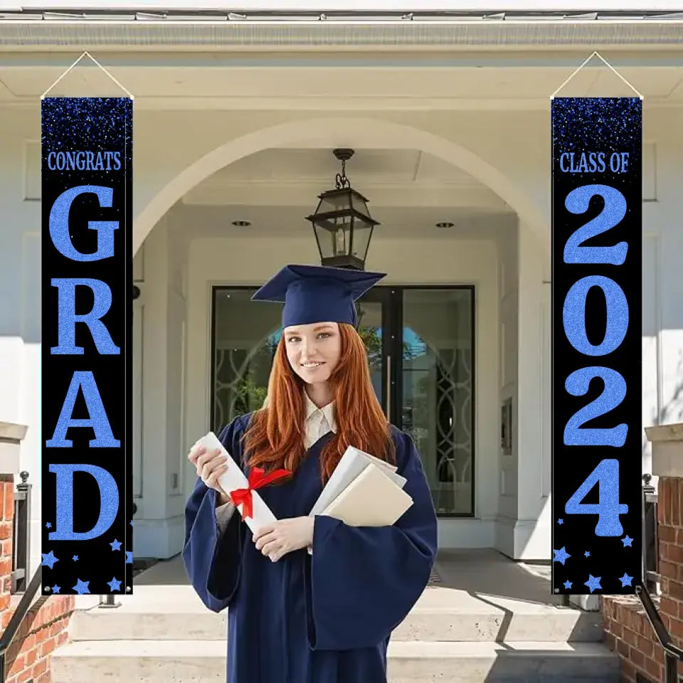 Three Slices Front Door Banner With Pictures Class of 2024 - High School or College University for Graduation Door Banner for Front Door or Porch