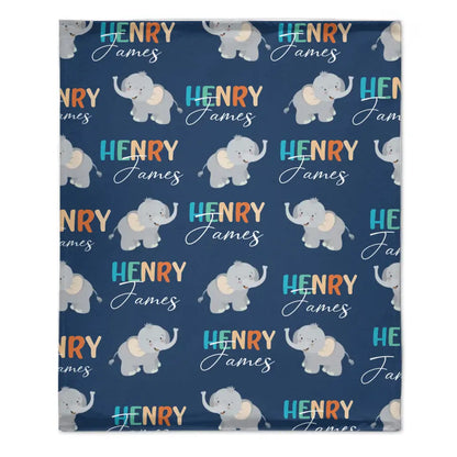 Boy Personalized Elephant Baby Blanket, Custom Name Gift for Kids