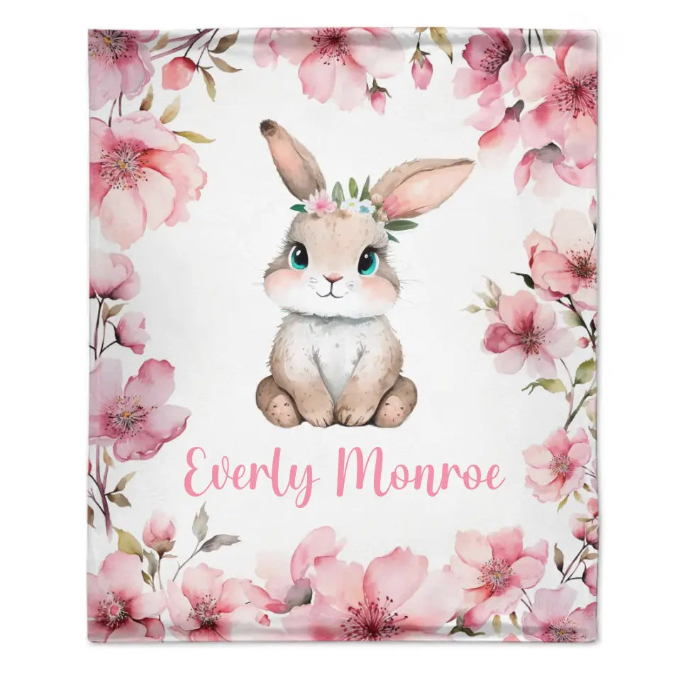 Personalized Baby Girl Name Blanket, Pink Cherry Blossom Rabbit