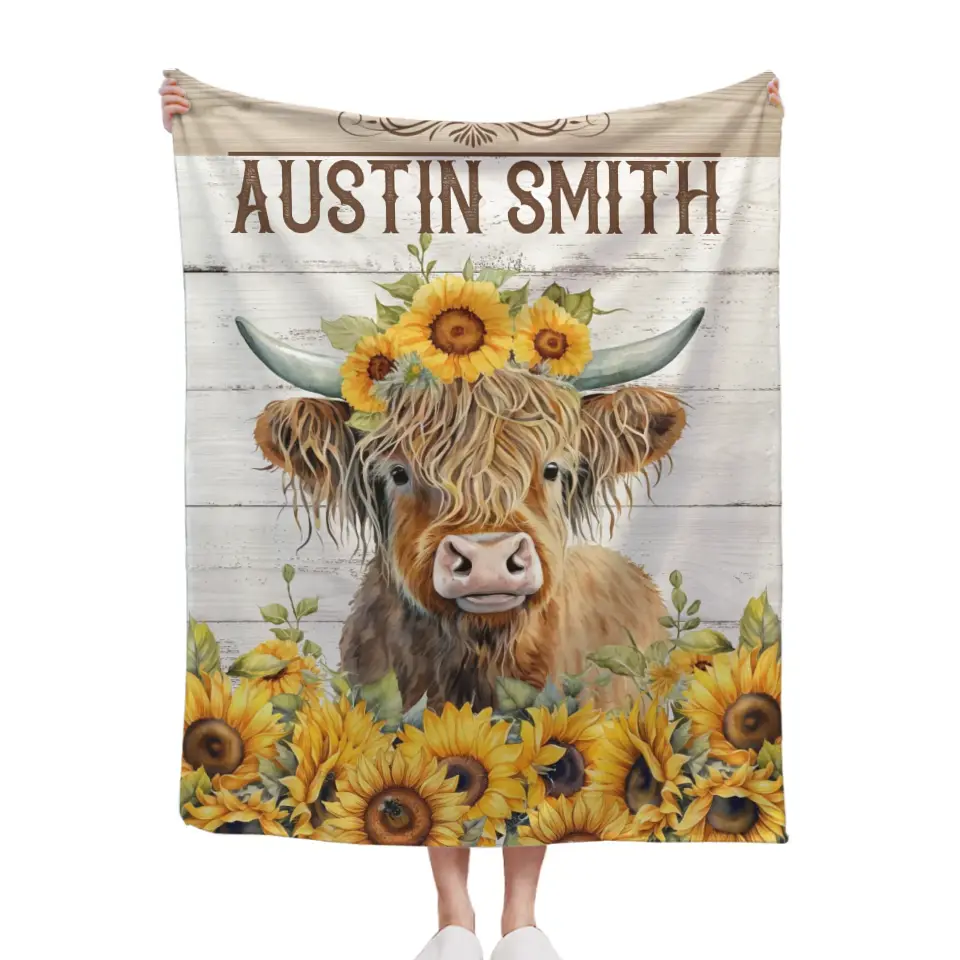 Free shipping✈️Personalized Name Sunflower Highland Cow Blanket - Gift For Baby Child Family Member