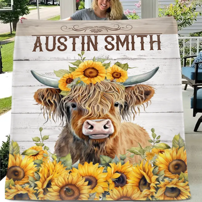 Free shipping✈️Personalized Name Sunflower Highland Cow Blanket - Gift For Baby Child Family Member