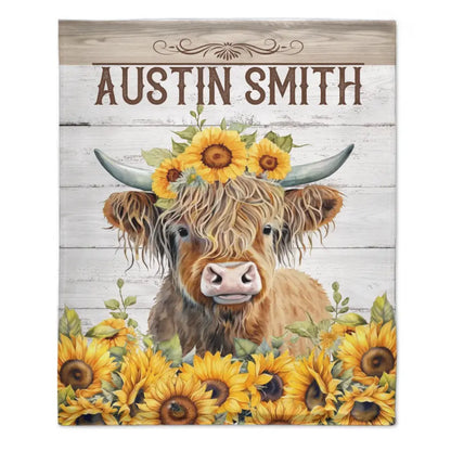 Free shipping✈️Personalized Name Sunflower Highland Cow Blanket - Gift For Baby Child Family Member