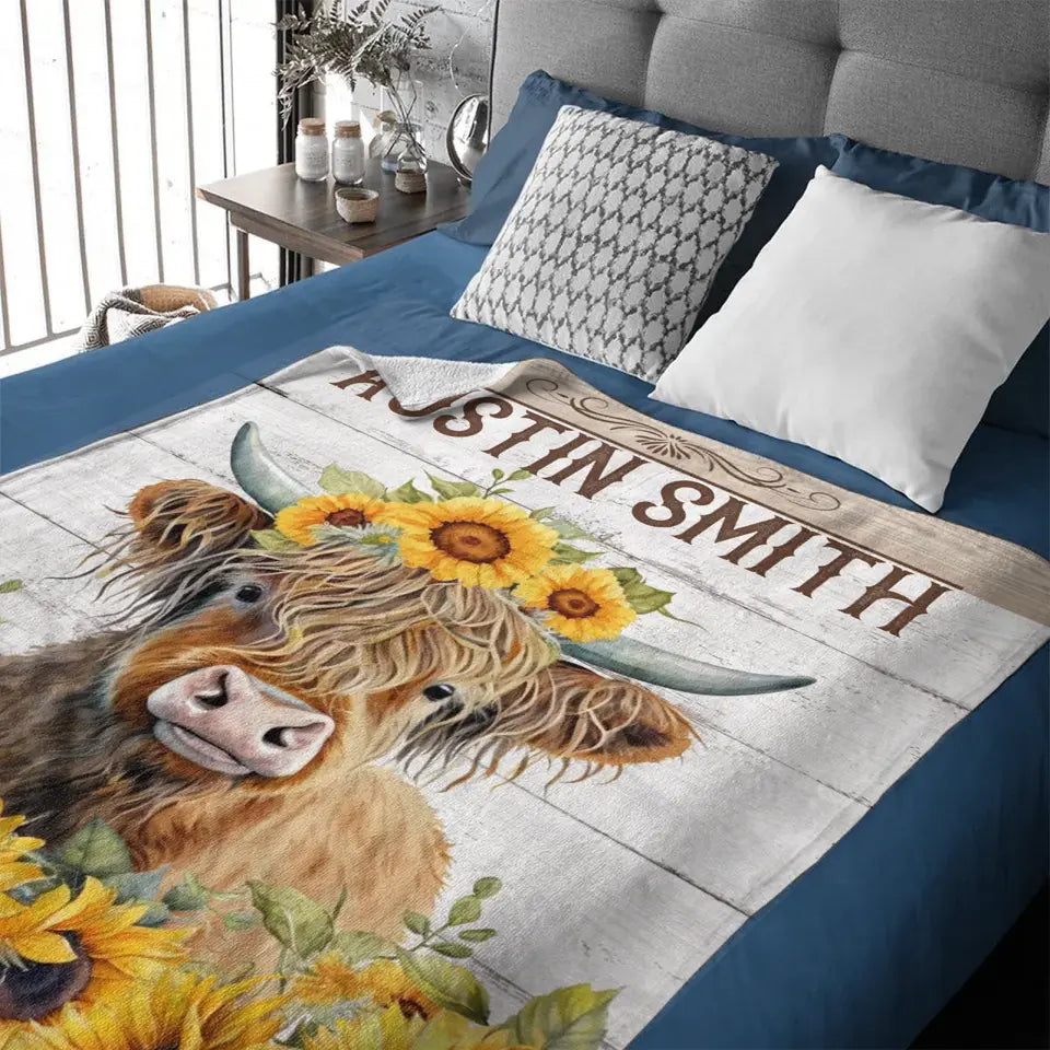 Free shipping✈️Personalized Name Sunflower Highland Cow Blanket - Gift For Baby Child Family Member