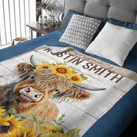 Personalized Name Sunflower Highland Cow Blanket - Gift For Baby Child Family Member