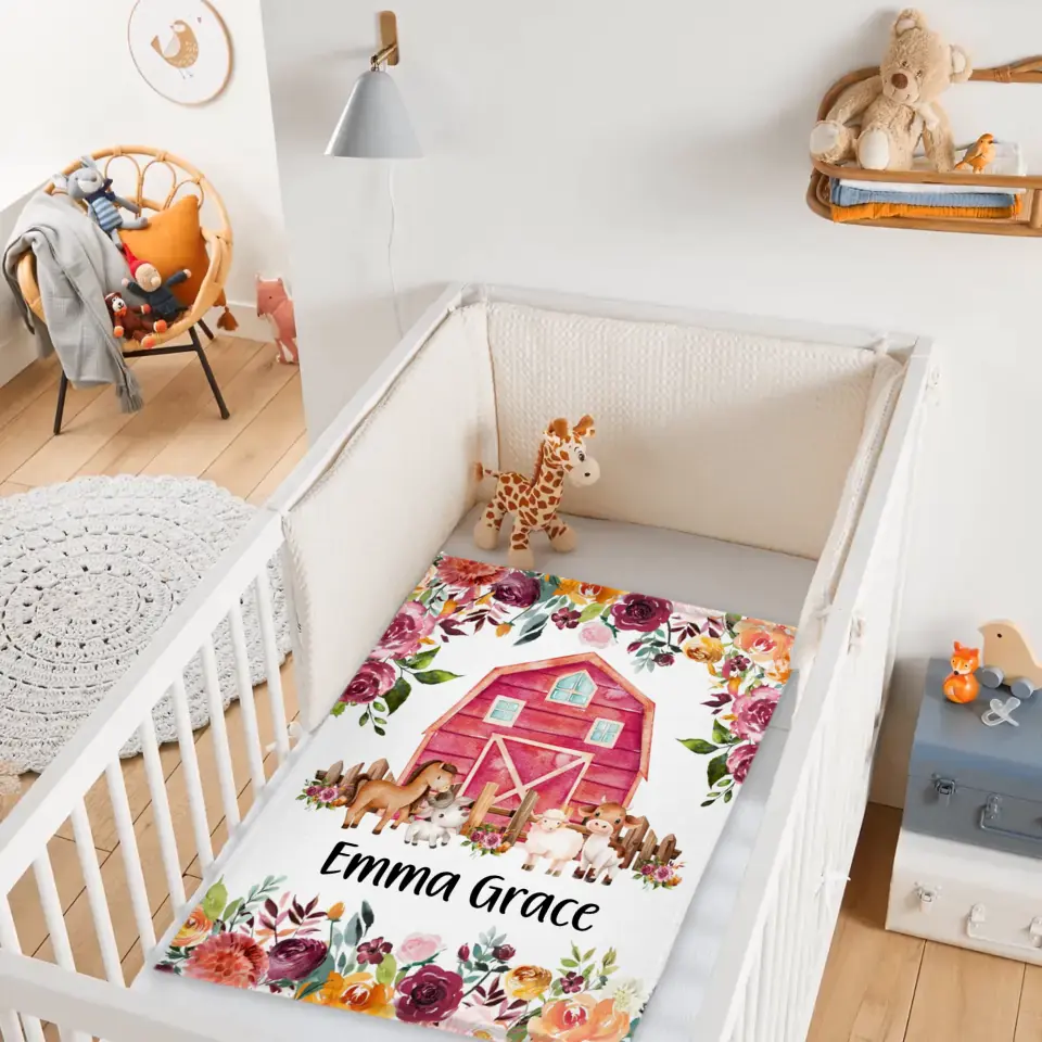 Floral Girl Farm Animal Blanket, Personalized Baby Girl Name Custom Blanket