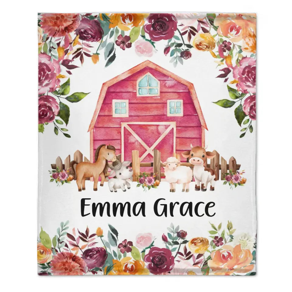 Floral Girl Farm Animal Blanket, Personalized Baby Girl Name Custom Blanket