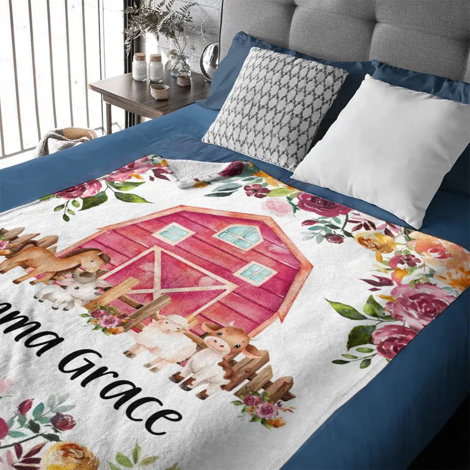 Floral Girl Farm Animal Blanket, Personalized Baby Girl Name Custom Blanket
