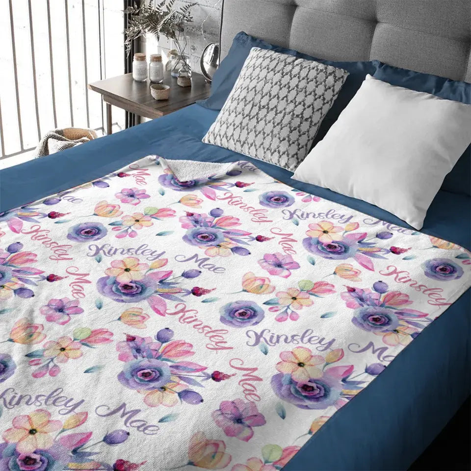 Personalized Purple Floral Name Blanket