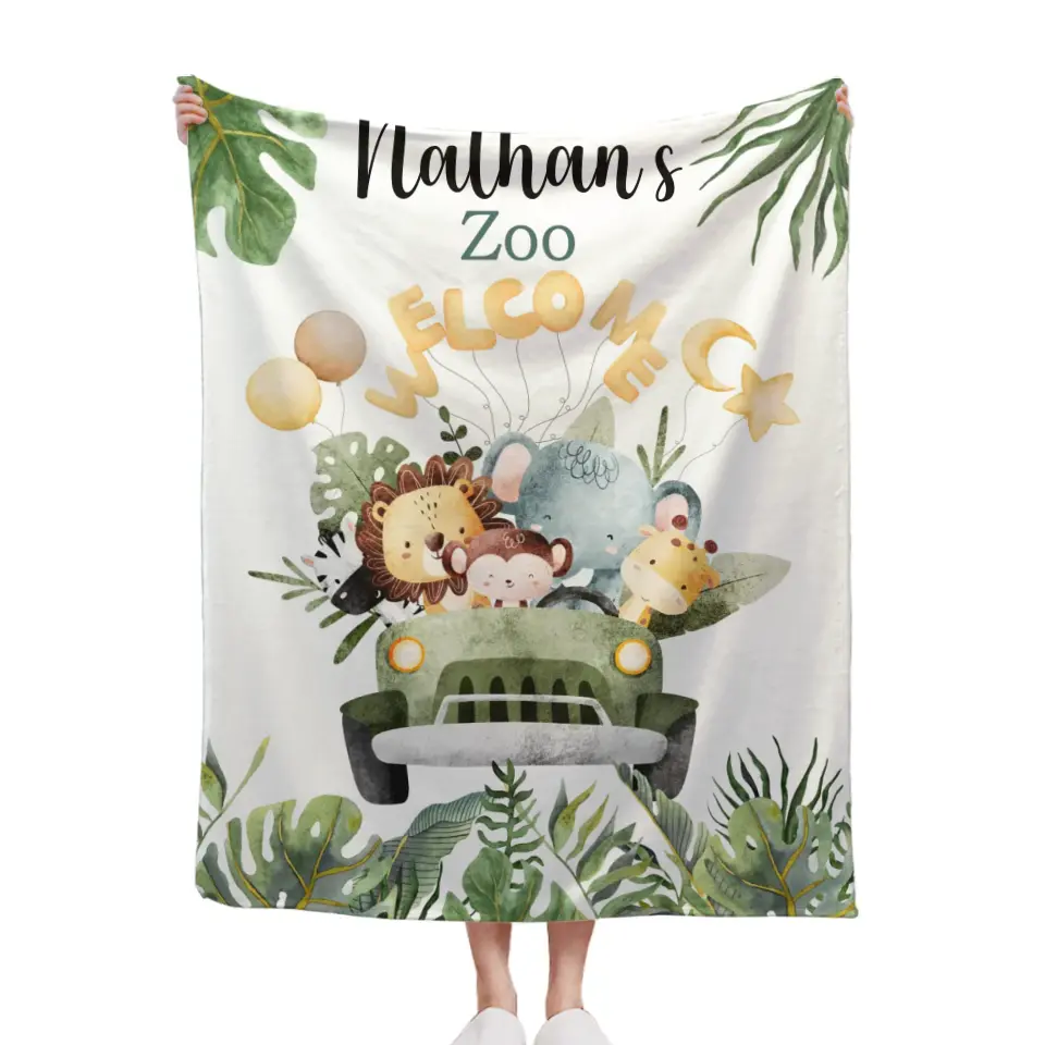 Personalized Watercolor Safari Animals Welcoming with Truck Blanket