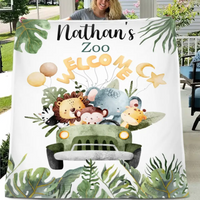 Personalized Watercolor Safari Animals Welcoming with Truck Blanket