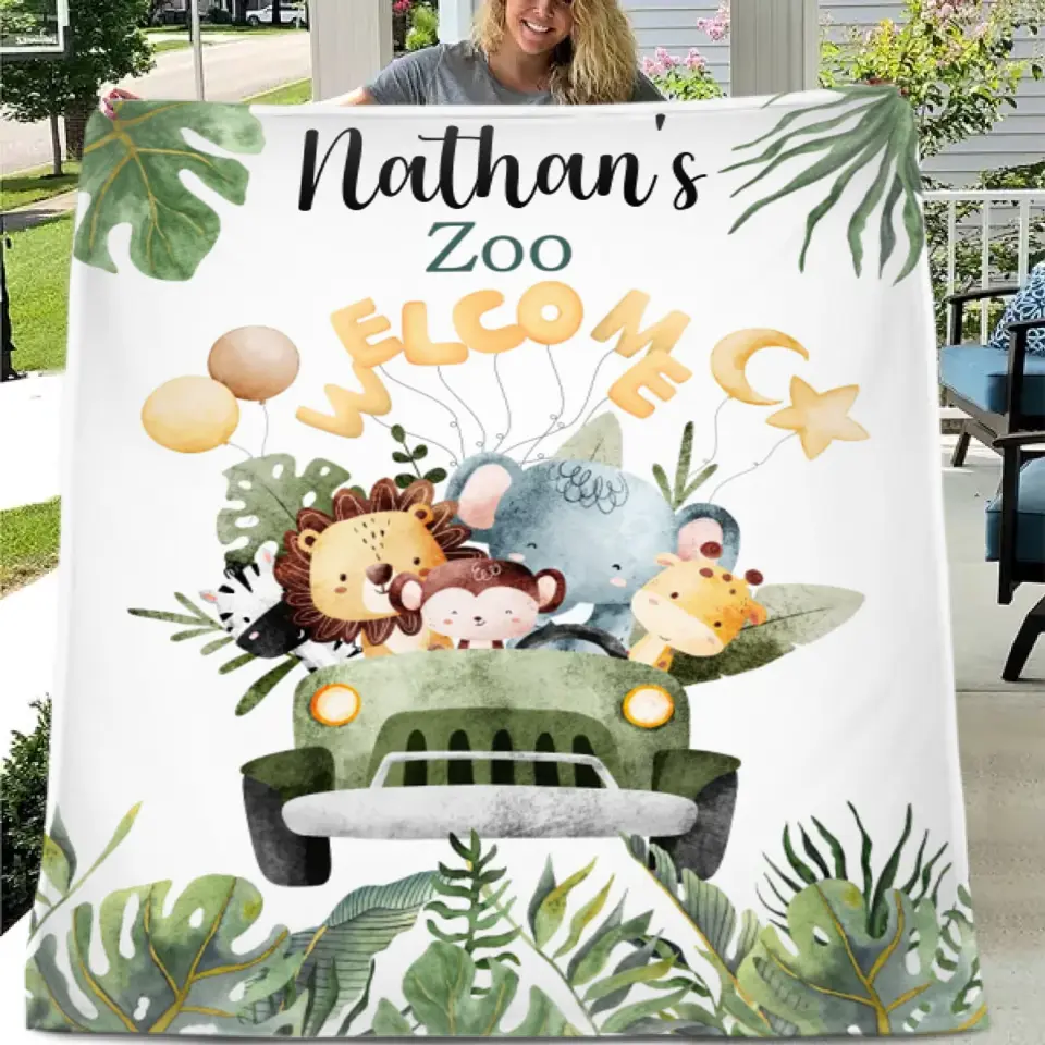 Personalized Watercolor Safari Animals Welcoming with Truck Blanket