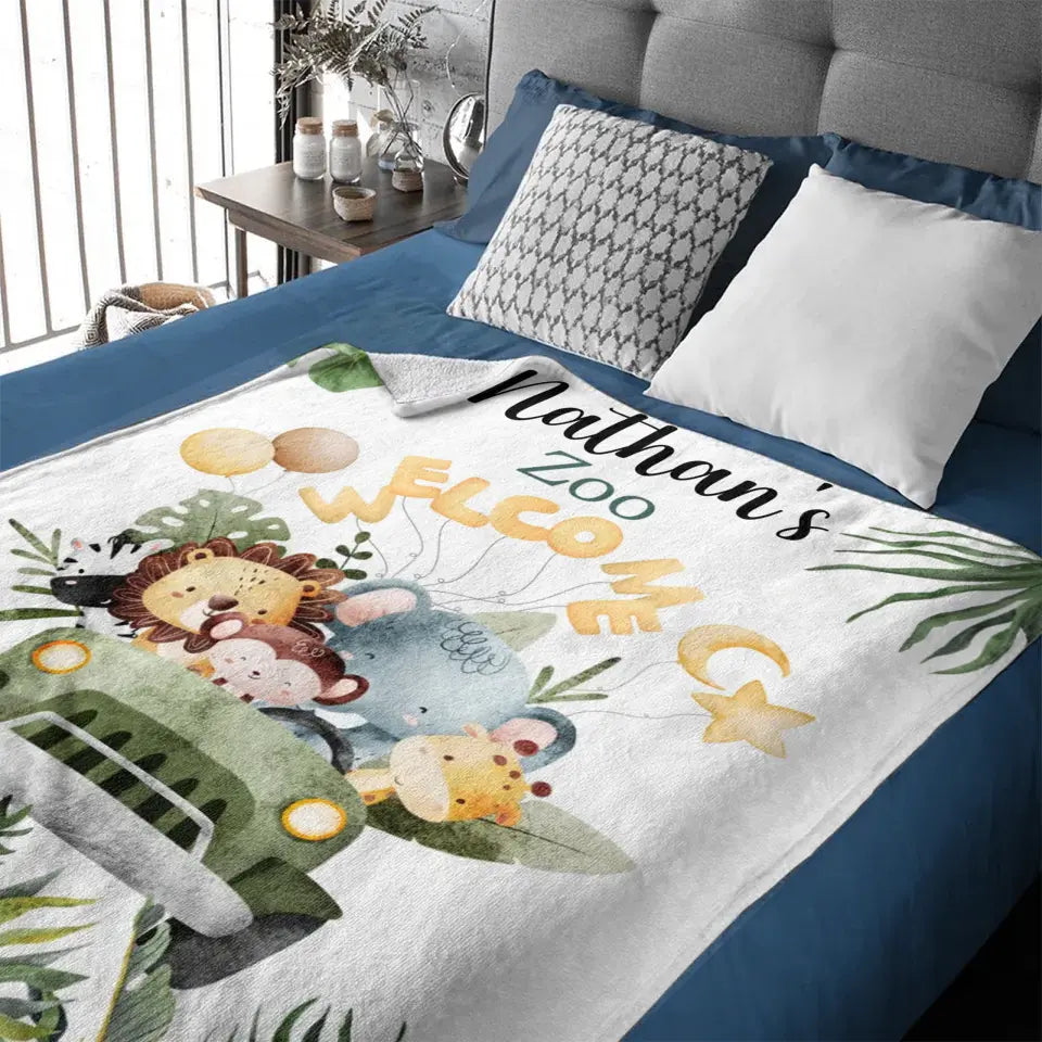 Free shipping✈️Personalized Watercolor Safari Animals Welcoming with Truck Blanket