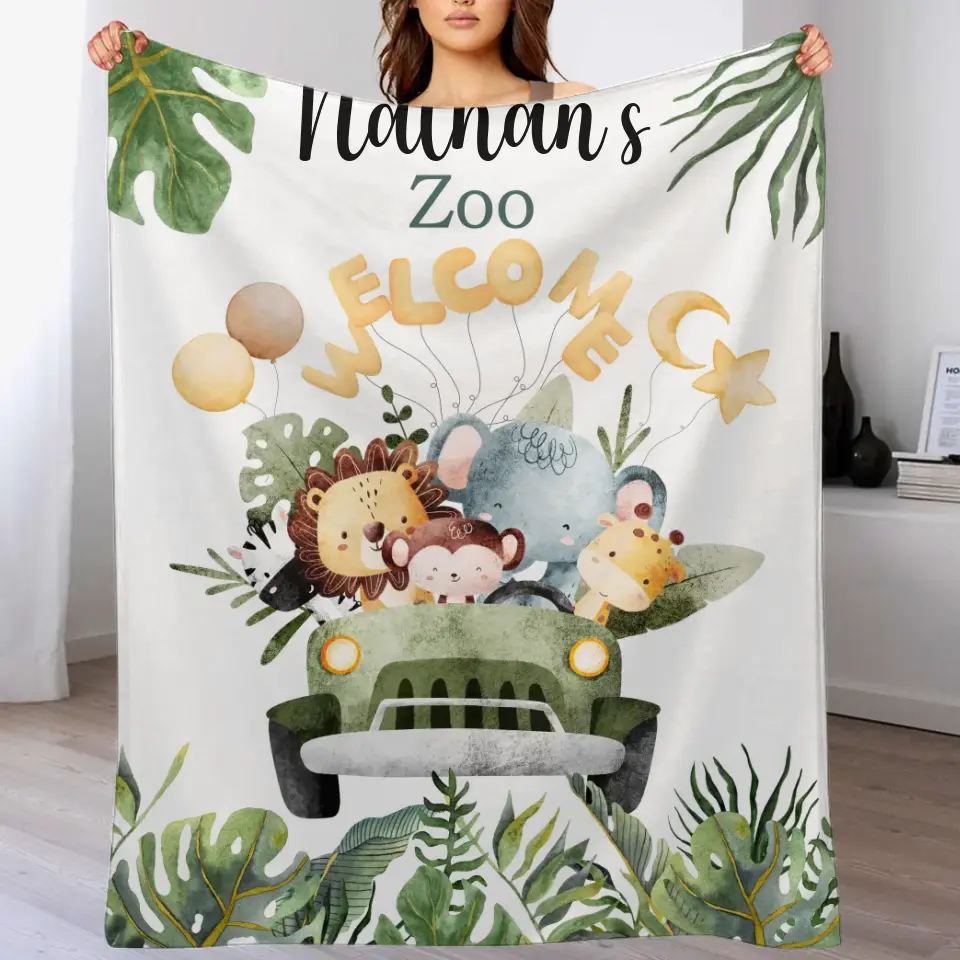 Free shipping✈️Personalized Watercolor Safari Animals Welcoming with Truck Blanket