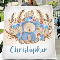 Personalized Bear Blanket With Yellow Leaves Background And Flowers