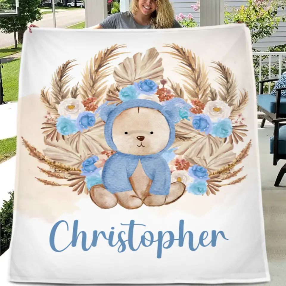 Personalized Bear Blanket With Yellow Leaves Background And Flowers